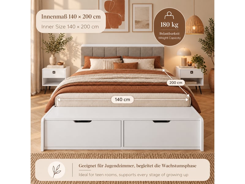 Lit double enfant 140x200 cm en bois avec tête de lit rembourrée, banquette au pied du lit et 2 tiroirs de rangement, lit ado blanc - Conforama E