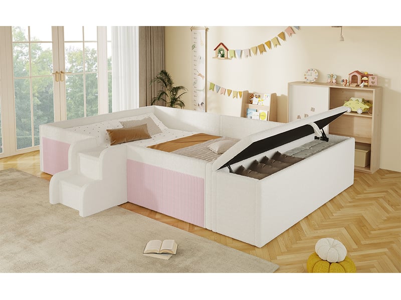 Lit enfant 140 x 190 cm, banc coffre mobile, escalier 2 marches, contours rembourrés, sommier à lattes inclus, revêtement bouclé, blanc et rose Luxe haut de gamme - Conforama W