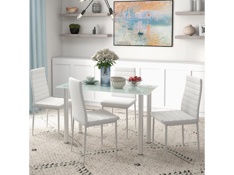  Ensemble de table à manger avec 4 chaises plateau en verre trempé, pieds en acier, pour cuisine salon blanc  - Conforama C