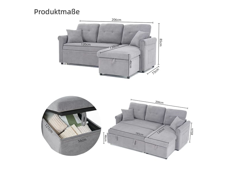  Canapé d’angle l gris en chenille convertible, coffre de rangement, montage réversible  - Conforama C
