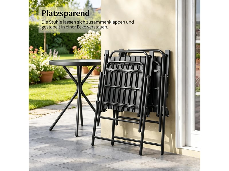 Salon de jardin,3 pièces avec table et chaises pliantes,métal et verre,noir - Conforama E