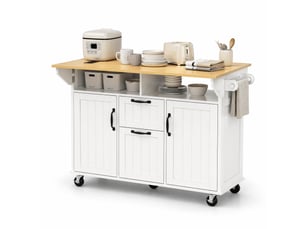 Desserte de cuisine à roulettes avec 2 portes, plateau rabattable, prises et porte-serviettes en mdf, 120×40-80×92 cm