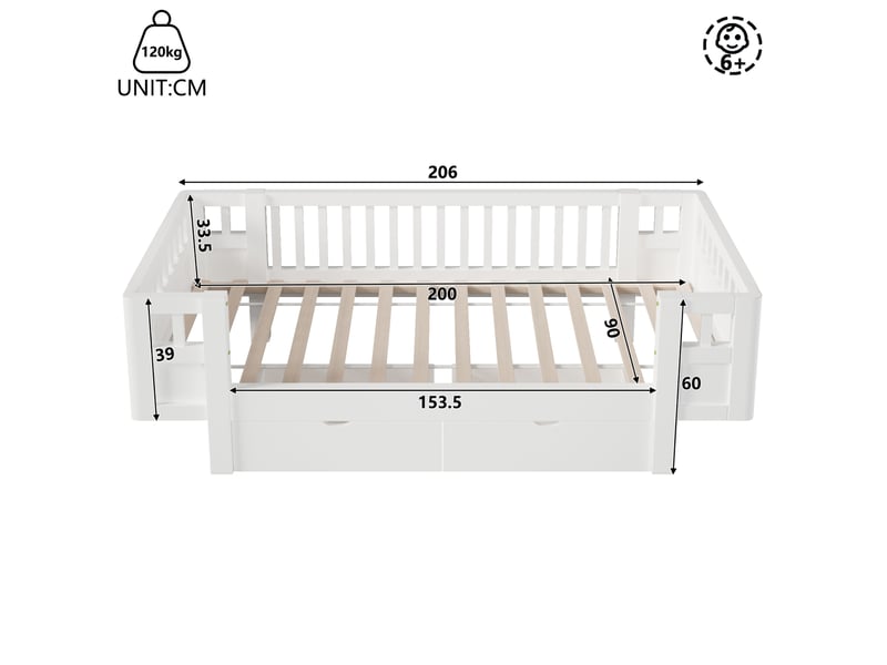  Lit plateforme 90x200 cm barrières hautes, 2 tiroirs, sommier à lattes, bois et mdf, blanc, sans matelas  - Conforama C
