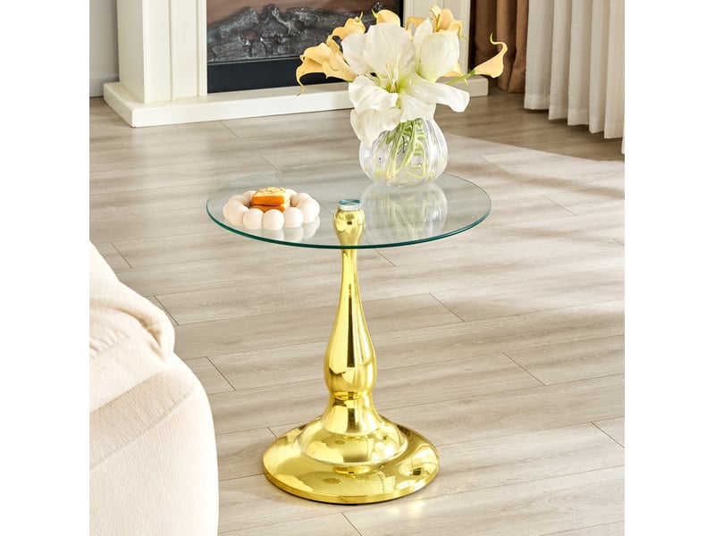  Table d'appoint ronde en verre trempé ø50 cm, pied métal doré, hauteur 51,5 cm  - Conforama E