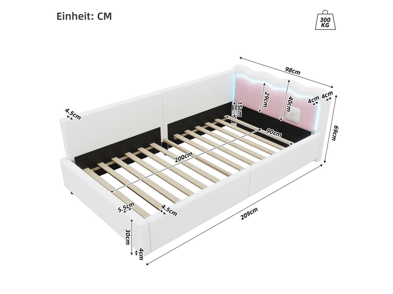  Modenvie lit banquette 90x200 cm - avec éclairage led et tête de lit color block, sans matelas - blanc  - Conforama C