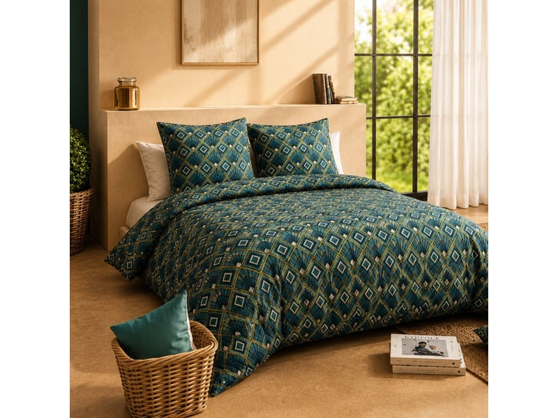  Parure housse de couette 240x220cm + 2 taies motif art-déco bleu et jaune 100% coton - lirika LIRIKA - Conforama B