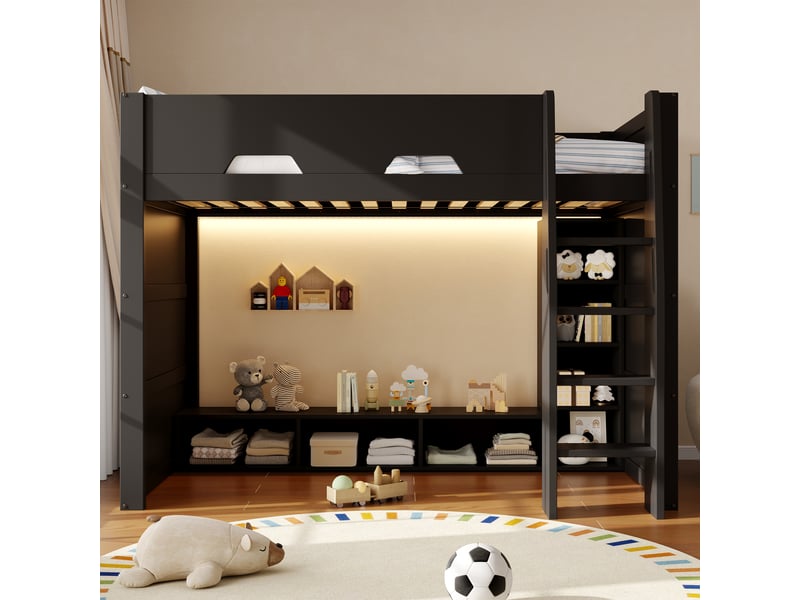 Lit mezzanine enfant 90x200cm avec rangements intégrés, armoires et étagères ouvertes, éclairage led, échelle et barrières de sécurité, mdf - noir - Conforama B