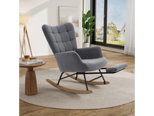 Fauteuil à bascule en tissu effet mouton gris, dossier haut, assise épaisse, repose-pieds intégré
