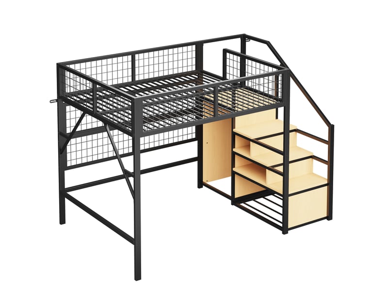  Lit mezzanine enfant 140x200 cm – noir – escalier de rangement, led connectée et espace sous lit - sans matelas  - Conforama D