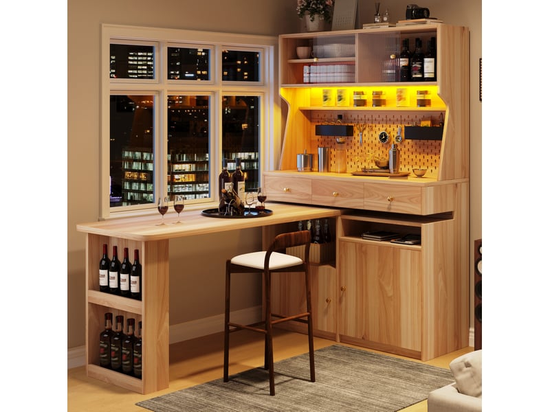 Buffet haut avec bureau et led pilotée par application, 137 x 74 x 177,7 cm, naturel - Conforama D