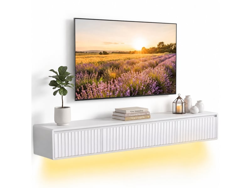  Meuble tv suspendu blanc 160 cm, façade cannelée, led rgb, 2 prises, usb et usb-c  - Conforama A