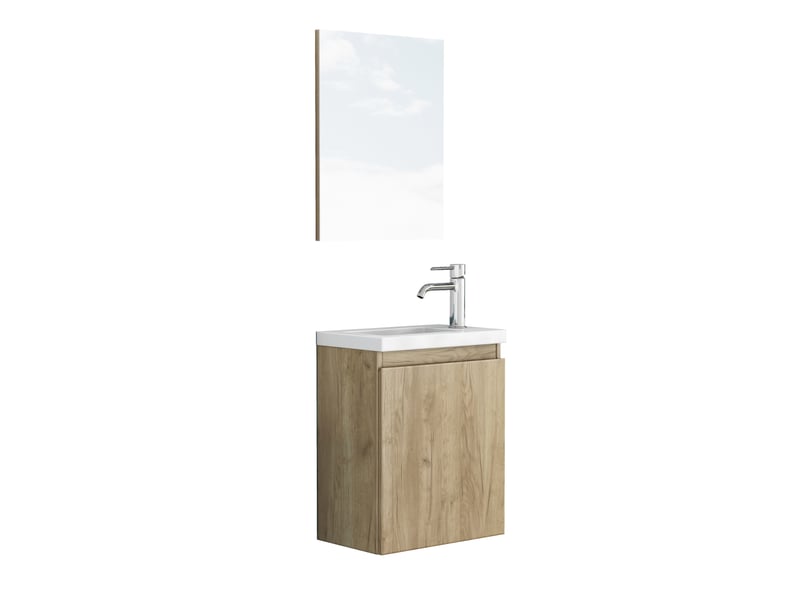 Meuble sous vasque mural avec 1 porte, vasque en céramique et miroir sans poignée pour salle de bain en mdf chêne - Conforama A