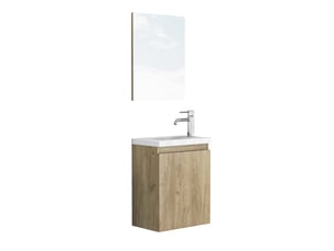 Meuble sous vasque mural avec 1 porte, vasque en céramique et miroir sans poignée pour salle de bain en mdf chêne