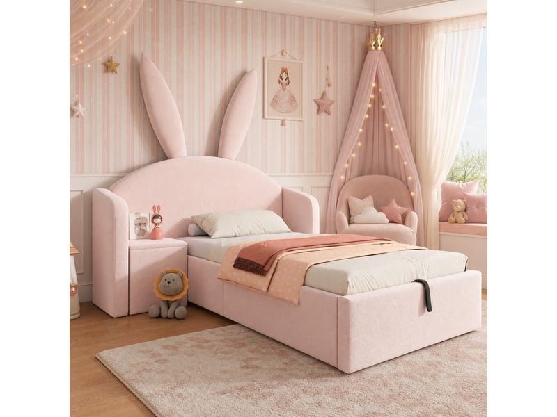  Lit enfant 90x200 cm coffre avec table de chevet en velours rose  - Conforama B