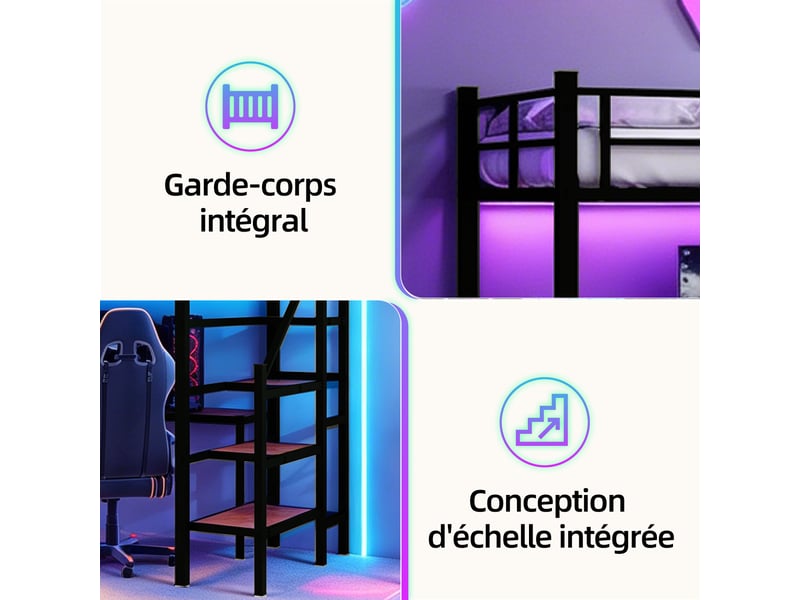  Lit mezzanine 90×190 cm avec bureau en l, escalier intégré, étagères de rangement, garde-corps continu  - Conforama D