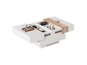 Table basse avec plateau extensible et 2 compartiments cachés, finition brillante, en panneaux de particules, blanc