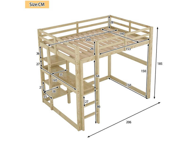  Lit mezzanine 140x200 cm avec bureau, naturel et blanc  - Conforama C