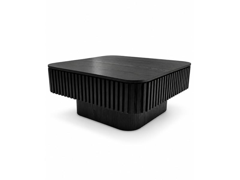  Table basse carrée avec plateau amovible et rangement caché, finition laquée noire, en mdf plaqué de bois, 75 × 75 × 35 cm  - Conforama A