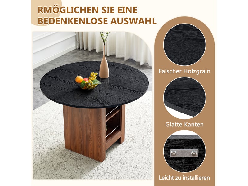  Table à manger ronde ø100 cm avec étagère de rangement, plateau mdf effet noyer, structure en métal noir, design moderne pour salle à manger  - Conforama D