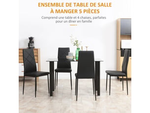 Ensemble de table à manger avec 4 chaises plateau en verre trempé, pour cuisine salon noir, pieds en acier