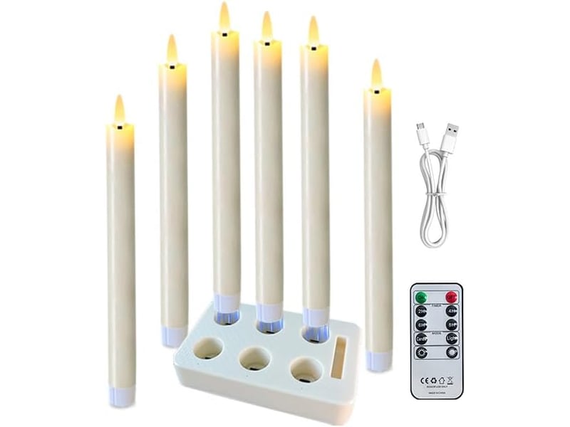 6 Bougies Chandelles LED Rechargeables Ivoire avec Télécommande, Effet Fondant, Sans Flamme, Décoration Noël - Conforama A