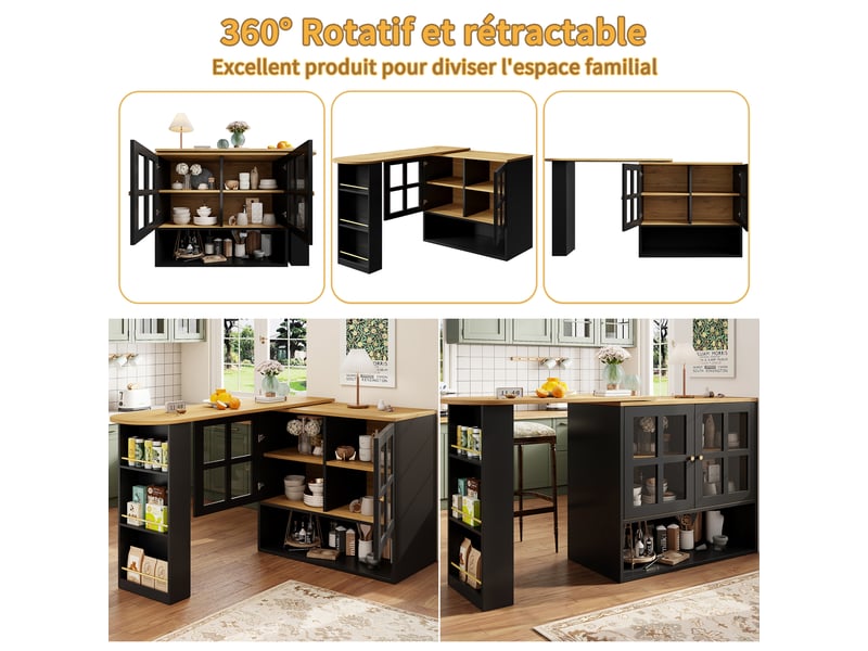  Table de bar 138-204x39x102,5 cm pivotante avec portes verre, noir et bois  - Conforama R