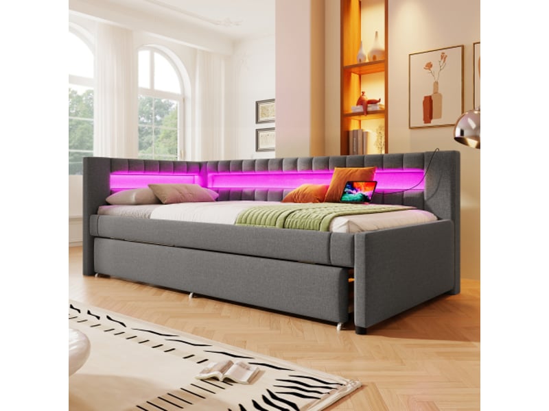  Canapé-lit 90x200 cm avec led télécommandée au pied du lit, lit gigogne sans matelas, lin gris, usb-c  - Conforama B