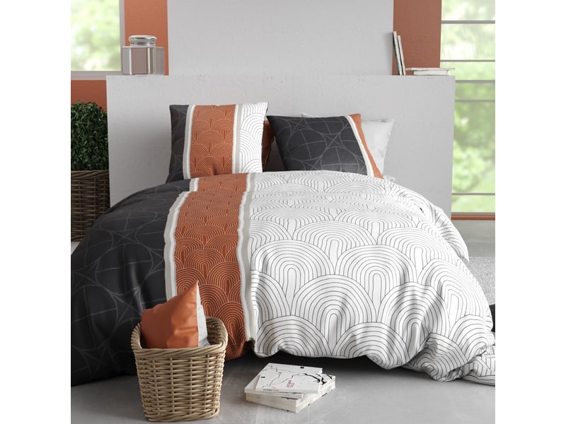  Parure housse de couette 240x220cm + 2 taies motif feuillage graphique bleu et rouge 100% coton - cosmia COSMIA - Conforama A