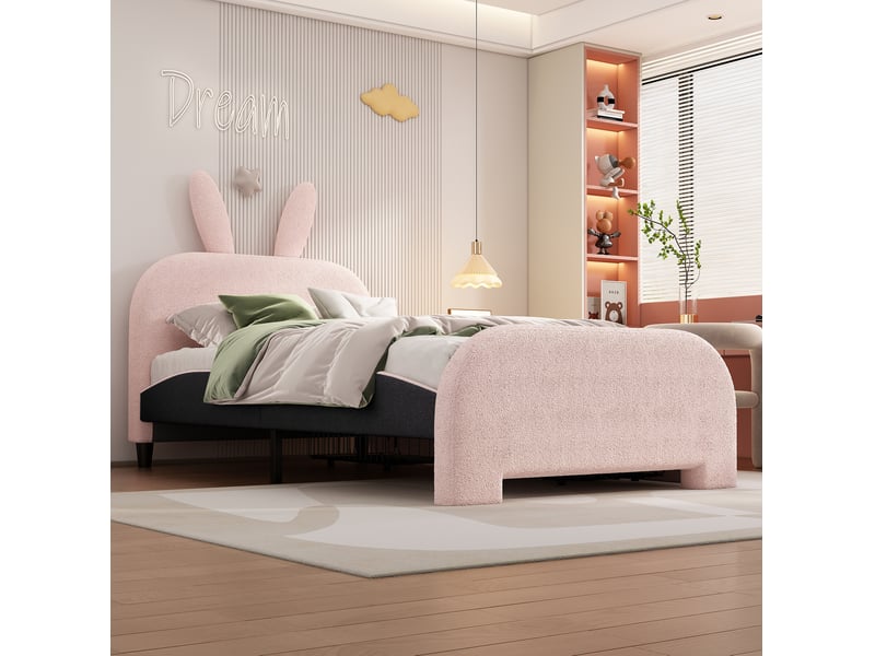 Lit enfant 90 x 200 cm rose avec tête de lit lapin, 2 tiroirs et sommier à 12 lattes - Conforama D
