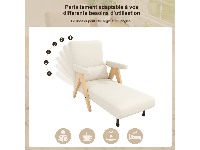 Fauteuil convertible 3-en-1 beige en polyester aspect lin 64x60x87 cm, dossier 6 positions, 1 place, salon chambre bureau N653P242345A - Conforama D