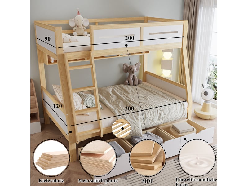  Lit superposé enfant 90x200 et 120x200 cm – blanc et naturel – 3 tiroirs et bibliothèque 2 m - sans matelas  - Conforama E