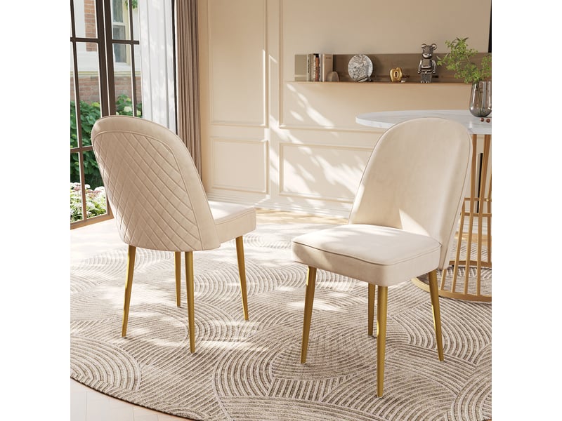  Chaises de salle à manger lot de 2 à dossier incurvé  - pieds antidérapants métal doré velours beige  - Conforama C