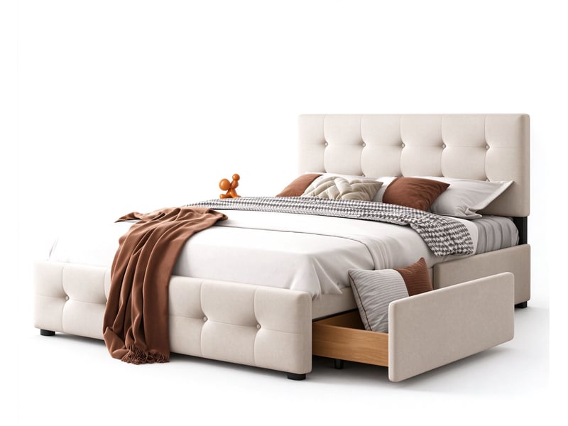 Lit double 140x200 cm, 4 tiroirs à roulettes sous le lit, tête de lit rembourrée et sommier à lattes, sans matelas, velours, beige - Conforama A