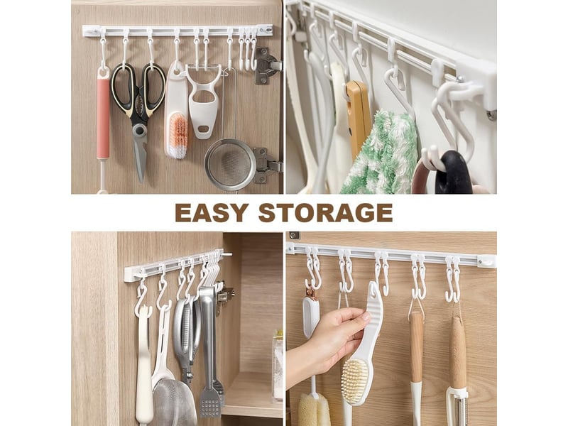  Crochet coulissant multifonctionnel, support mural pour ustensiles de cuisine, porte-ustensiles économiseur d'espace avec 10 crochets, blanc  - Conforama E