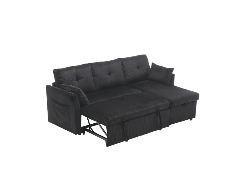  Canapé d’angle convertible avec rangement et méridienne réversible  - velours côtelé noir 206 × 108 × 66 cm  - Conforama A