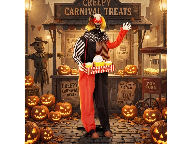 Décoration halloween animée clown pop-corn à tête jaillissante, yeux lumineux et sons, en plastique noir, 50 × 35 × 180 cm  - Conforama B