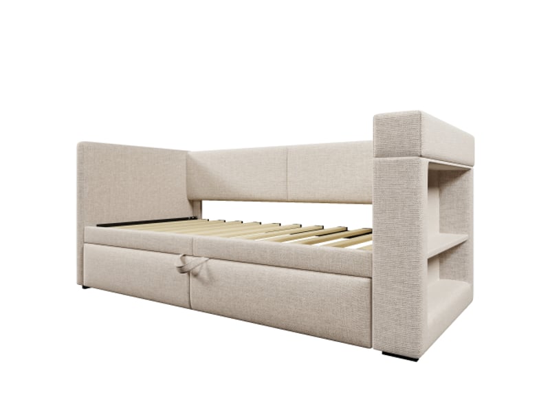  Lit gigogne 90x200 cm, lit enfant avec prise usb et porte-gobelet, tissu en coton et lin, beige, sans matelas  - Conforama E