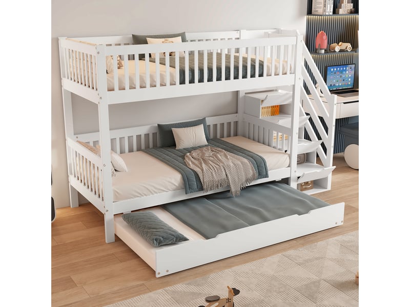 Lit superposé enfant 90x200 cm avec lit gigogne 90x190 cm, 3 couchages, escalier de rangement, barrière de sécurité, bois, blanc Bliss Lite - Conforama E