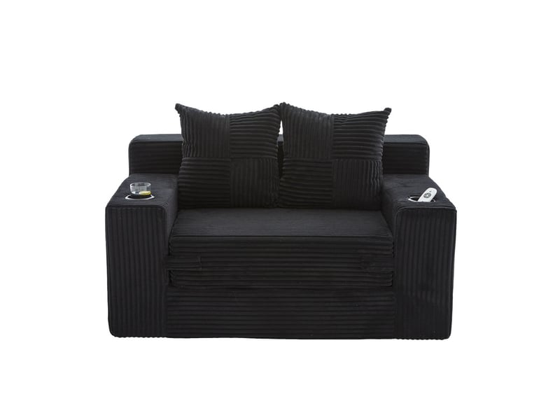  Canapé droit convertible 2 places, en velours côtelé, 2 coussins, porte-gobelet et poches latérales, 151 × 133 × 64 cm, noir YXY-0915-3 - Conforama A