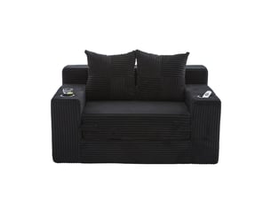 Canapé droit convertible 2 places, en velours côtelé, 2 coussins, porte-gobelet et poches latérales, 151 × 133 × 64 cm, noir