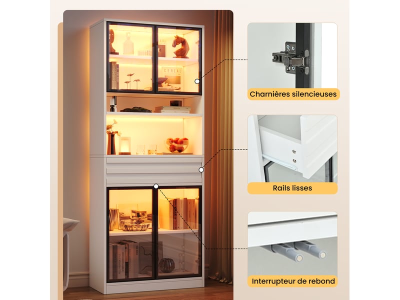  Lot de 2 vitrines de rangement 160x35x200 cm, led rgb, 8 portes vitrées, 2 tiroirs, mdf, blanc  - Conforama D