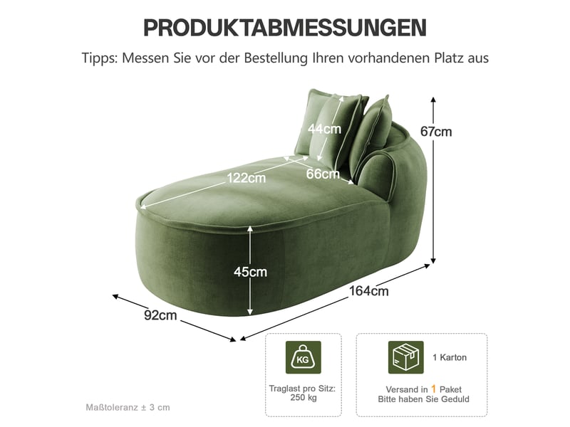  Canapé méridienne droit en chenille vert avec coussins inclus et assise profonde de 122 cm  - Conforama C