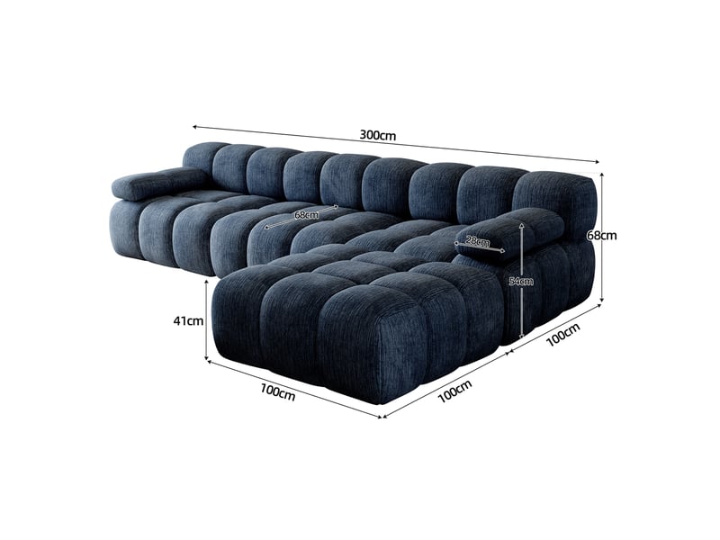  Canapé d'angle fixe 4 places en tissu bleu 300 cm, méridienne à droite, sans montage pour votre salon  - Conforama C