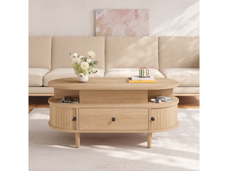  Table basse ovale relevable 105x50x60,5 cm avec rangement, mdf naturel  - Conforama B