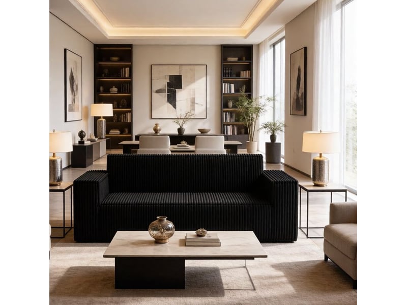 Canapé 2 places en velours côtelé noir 178x86x70 cm – assise profonde – sans installation - Conforama D