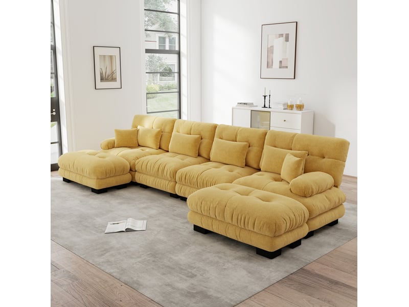 Canapé d'angle modulable ulevr 4 places en u avec poufs mobiles, chenille jaune, 406 x 145 x 81 cm - Conforama D