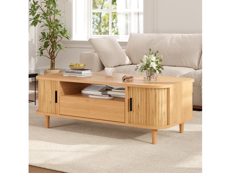  Table basse 100x50x35 cm, 1 tiroir, 2 portes à rideau, rangement ouvert, mdf, panneau de particules, naturel  - Conforama B