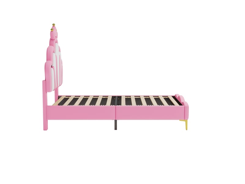 Lit princesse 90x200cm lit une place jeune avec tête de lit couronnée, led et sommier à lattes, rangement sous lit pour chambre de fille,sans matelas, pu,rose - Conforama D