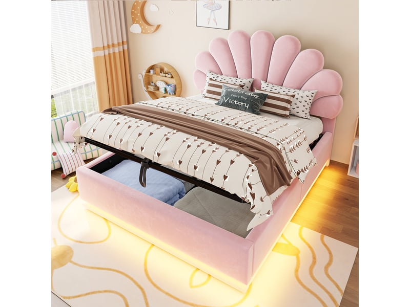 Lit coffre rembourré 140x200 cm coloris rose led velours - Conforama B