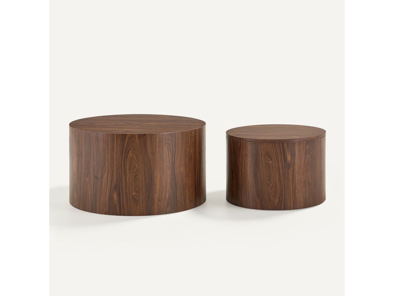  Lot de 2 tables basses rondes gigognes en mdf décor noyer avec rangement – ø 62,8 et 44 cm  - Conforama A